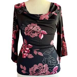 Vintage Top Womens Size Large Black Pink Floral Flowy Sleeve Scoop Square Neck